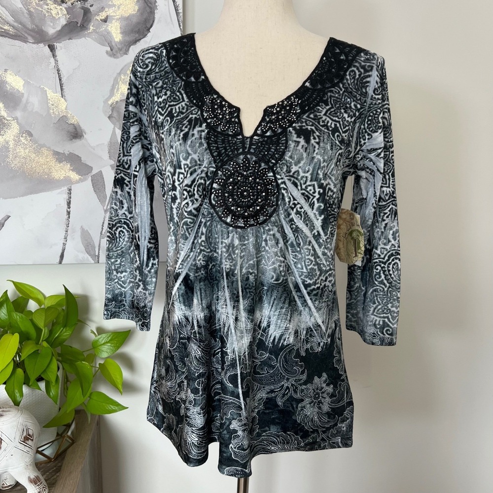 Y2K Boho Tunic Top Beaded Dark Fairy‎ Whimsigoth Lace Crochet Paisley Black Grey